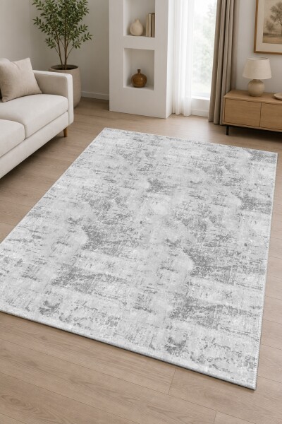 Açık Gri Soyut Eskitme Doku Büyük Kare Bölümlü Monokrom Minimal Salon Halısı