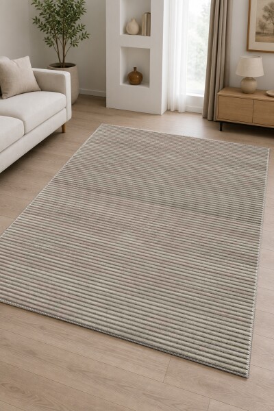 Taupe Vizon Düz Yatay İnce Çizgili Kadife Doku Sade Minimal Salon Halısı