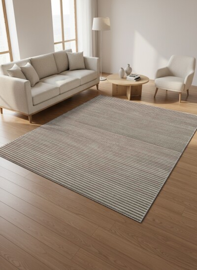 Taupe Vizon Düz Yatay İnce Çizgili Kadife Doku Sade Minimal Salon Halısı
