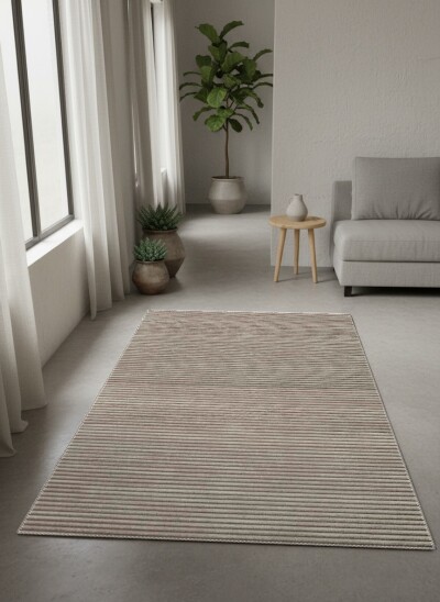 Taupe Vizon Düz Yatay İnce Çizgili Kadife Doku Sade Minimal Salon Halısı