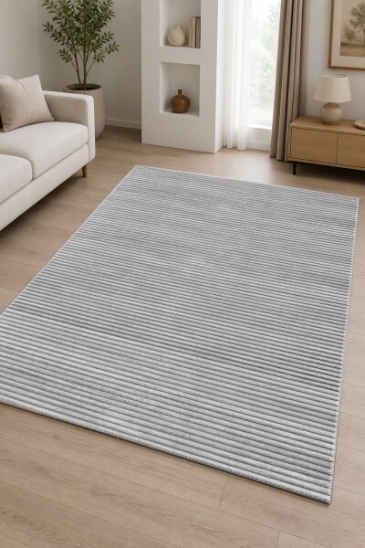 Gri Silver Düz Yatay İnce Çizgili Kadife Doku Sade Minimal Salon Halısı