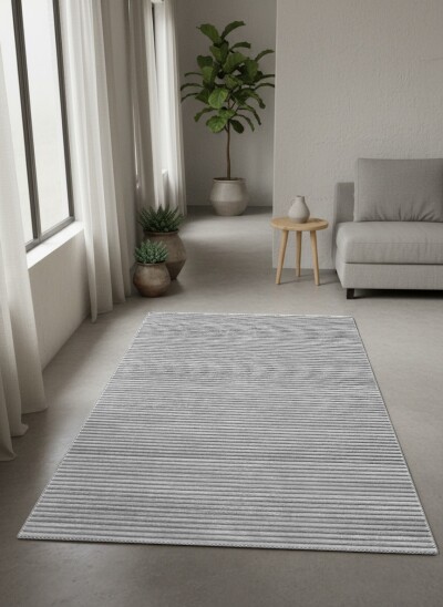 Gri Silver Düz Yatay İnce Çizgili Kadife Doku Sade Minimal Salon Halısı