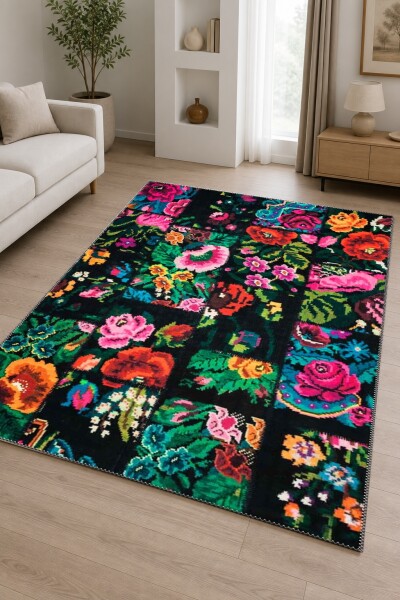Koyu Siyah Zemin Canlı Pembe Turuncu Yeşil Çiçek Patchwork Folk Art Botanik Salon Halısı
