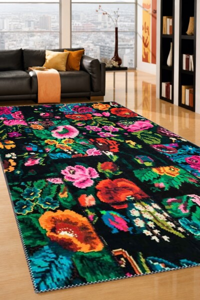 Koyu Siyah Zemin Canlı Pembe Turuncu Yeşil Çiçek Patchwork Folk Art Botanik Salon Halısı