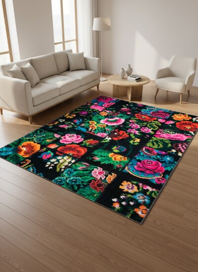 Koyu Siyah Zemin Canlı Pembe Turuncu Yeşil Çiçek Patchwork Folk Art Botanik Salon Halısı
