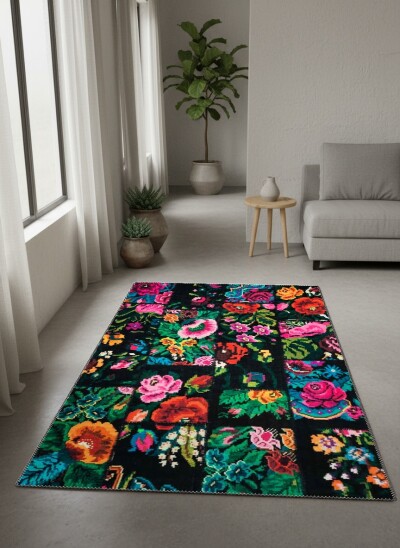 Koyu Siyah Zemin Canlı Pembe Turuncu Yeşil Çiçek Patchwork Folk Art Botanik Salon Halısı