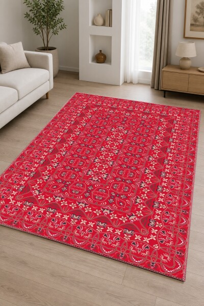 Kırmızı Zemin Krem Lacivert Osmanlı Anadolu Klasik Kilim Motifli Tam Alan Salon Halısı