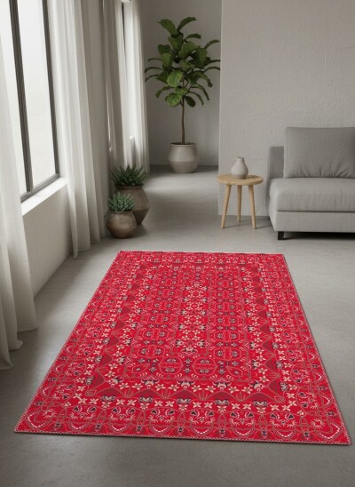 Kırmızı Zemin Krem Lacivert Osmanlı Anadolu Klasik Kilim Motifli Tam Alan Salon Halısı
