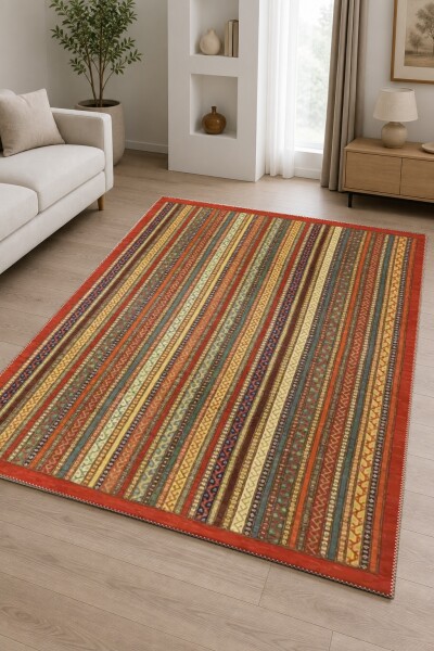 Kırmızı Bordürlü Çok Renkli Dikey Şeritli Sarı Yeşil Mavi Afgan Kazak Kilim Tarzı Salon Halısı