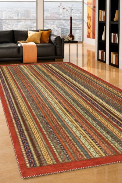 Kırmızı Bordürlü Çok Renkli Dikey Şeritli Sarı Yeşil Mavi Afgan Kazak Kilim Tarzı Salon Halısı