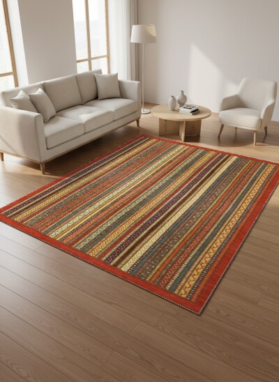Kırmızı Bordürlü Çok Renkli Dikey Şeritli Sarı Yeşil Mavi Afgan Kazak Kilim Tarzı Salon Halısı