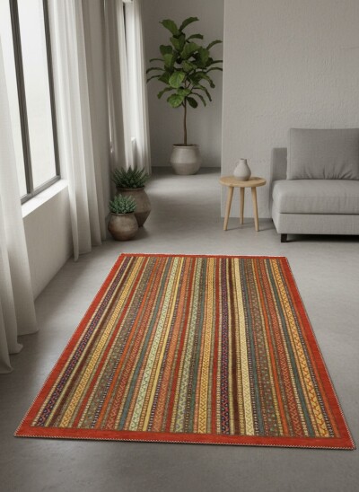 Kırmızı Bordürlü Çok Renkli Dikey Şeritli Sarı Yeşil Mavi Afgan Kazak Kilim Tarzı Salon Halısı