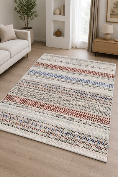 Krem Keten Zemin Kırmızı Mavi Bej Etnik Tribal Yatay Şeritli Baklava Üçgen Kilim Salon Halısı