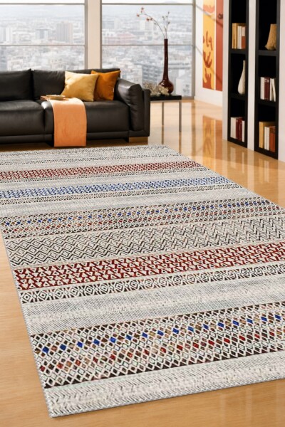 Krem Keten Zemin Kırmızı Mavi Bej Etnik Tribal Yatay Şeritli Baklava Üçgen Kilim Salon Halısı