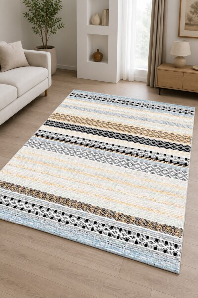 Krem Bej Zemin Pastel Mavi Amber Sarı Etnik Yatay Bant Baklava Zigzag Bohem Salon Halısı