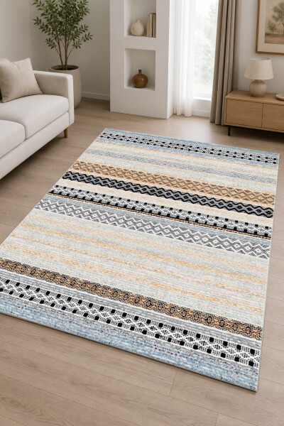 Krem Bej Zemin Mavi Amber Etnik Boho Yatay Şeritli Baklava Zigzag Geometrik Salon Halısı