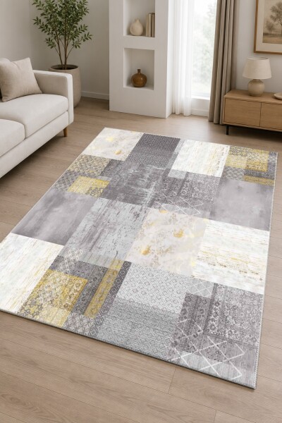 Gri Altın Gold Eskitme Geometrik Patchwork Kolaj Çok Dokulu Dikdörtgen Bölümlü Salon Halısı