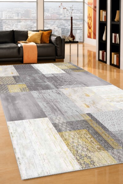Gri Altın Gold Eskitme Geometrik Patchwork Kolaj Çok Dokulu Dikdörtgen Bölümlü Salon Halısı
