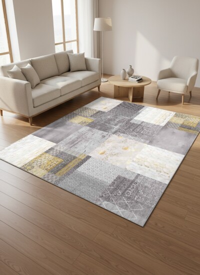 Gri Altın Gold Eskitme Geometrik Patchwork Kolaj Çok Dokulu Dikdörtgen Bölümlü Salon Halısı