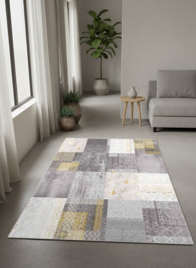 Gri Altın Gold Eskitme Geometrik Patchwork Kolaj Çok Dokulu Dikdörtgen Bölümlü Salon Halısı