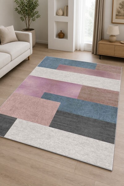 Pastel Mavi Pembe Lila Krem Taupe Gri Renk Bloklu Geometrik Patchwork Modern Salon Halısı