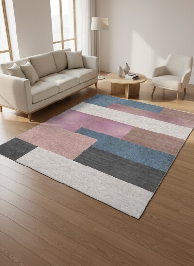 Pastel Mavi Pembe Lila Krem Taupe Gri Renk Bloklu Geometrik Patchwork Modern Salon Halısı