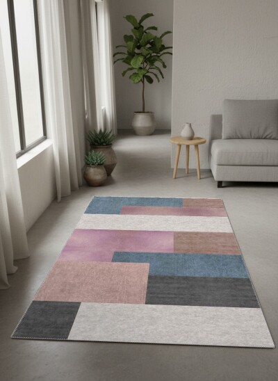Pastel Mavi Pembe Lila Krem Taupe Gri Renk Bloklu Geometrik Patchwork Modern Salon Halısı