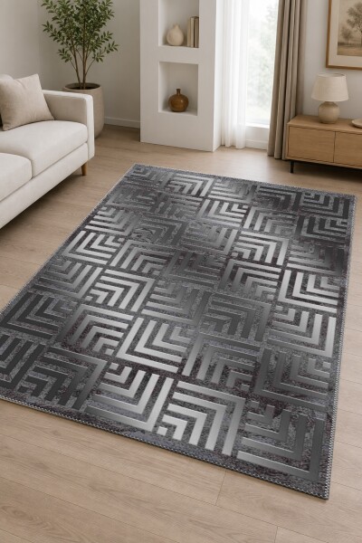 Antrasit Gri Eskitme Zemin Silver Metalik Greek Key Labirent 3D Efektli Tekrarlayan Salon Halısı
