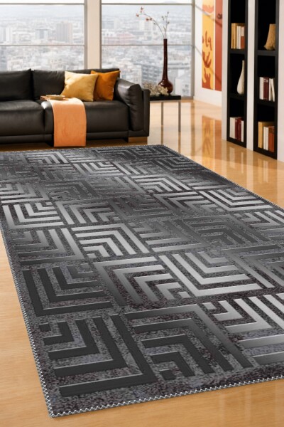 Antrasit Gri Eskitme Zemin Silver Metalik Greek Key Labirent 3D Efektli Tekrarlayan Salon Halısı