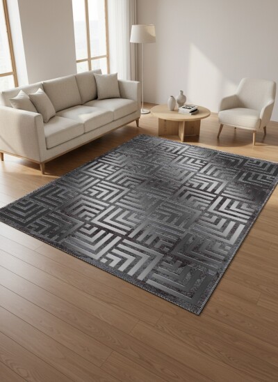 Antrasit Gri Eskitme Zemin Silver Metalik Greek Key Labirent 3D Efektli Tekrarlayan Salon Halısı