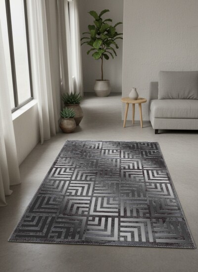 Antrasit Gri Eskitme Zemin Silver Metalik Greek Key Labirent 3D Efektli Tekrarlayan Salon Halısı