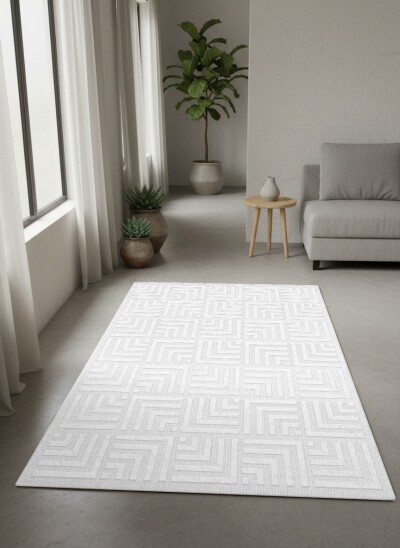 Beyaz Buz Beyazı Ton Üstü Ton Greek Key Labirent Modüler Tekrarlayan Minimal Salon Halısı