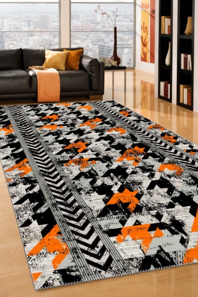 Siyah Beyaz Kazayağı Houndstooth Turuncu Aksanlı Diyagonal Chevron Şeritli Urban Salon Halısı