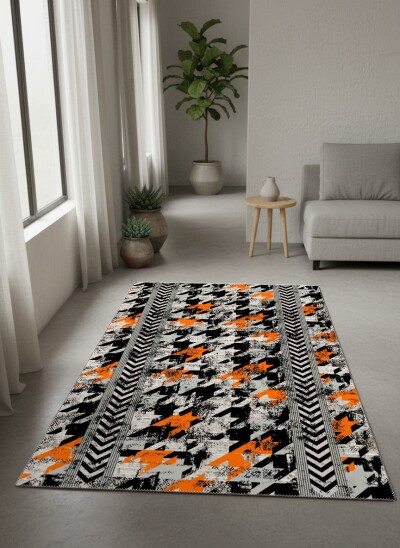Siyah Beyaz Kazayağı Houndstooth Turuncu Aksanlı Diyagonal Chevron Şeritli Urban Salon Halısı