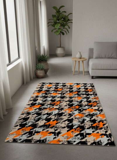 Siyah Zemin Turuncu Bej Gri Kazayağı Houndstooth Eskitme Distressed Urban Salon Halısı