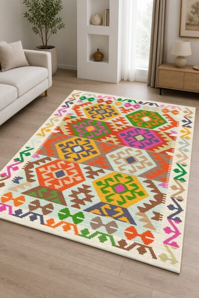 Çok Renkli Anadolu Kilim Altıgen Büyük Madalyon Geleneksel Canlı Bohem Salon Halısı