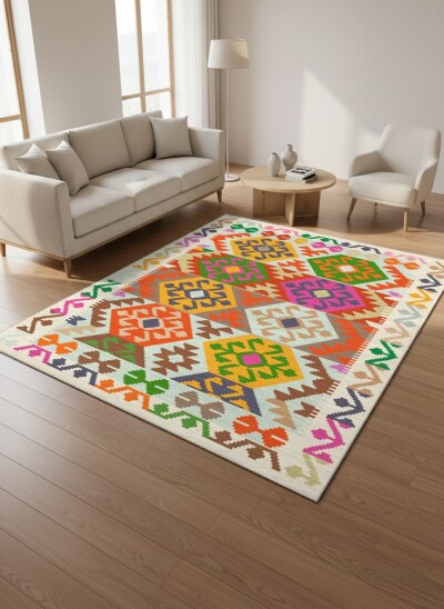 Çok Renkli Anadolu Kilim Altıgen Büyük Madalyon Geleneksel Canlı Bohem Salon Halısı