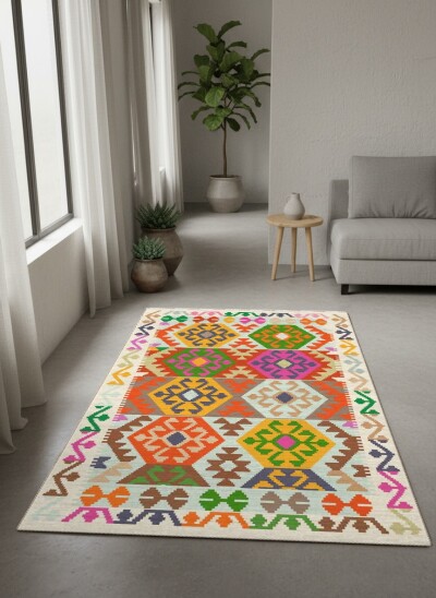 Çok Renkli Anadolu Kilim Altıgen Büyük Madalyon Geleneksel Canlı Bohem Salon Halısı