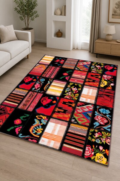 Siyah Zemin Çok Renkli Kilim Patchwork Kolaj Geleneksel Anadolu Şeritli Salon Halısı