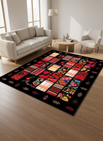 Siyah Zemin Çok Renkli Kilim Patchwork Kolaj Anadolu Kenar Bordürlü Büyük Salon Halısı