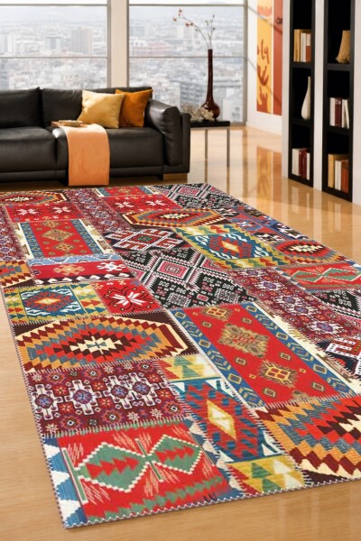 Kırmızı Baskın Anadolu Kilim Patchwork Yıldız Ok Geometrik Etnik Geleneksel Salon Halısı