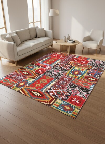 Kırmızı Baskın Anadolu Kilim Patchwork Yıldız Ok Geometrik Etnik Geleneksel Salon Halısı