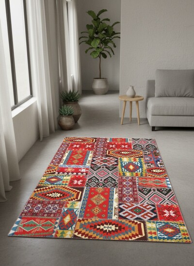 Kırmızı Baskın Anadolu Kilim Patchwork Yıldız Ok Geometrik Etnik Geleneksel Salon Halısı