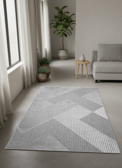 Açık Gri Ton Üstü Ton 3D Geometrik Köşegen Çizgi Rölyef Minimalist Lüks Salon Halısı
