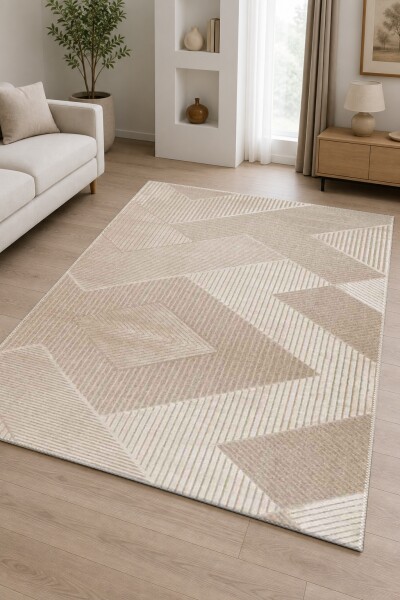 Bej Krem Ton Üstü Ton 3D Geometrik Baklava Chevron Çizgi Minimalist Doğal Salon Halısı