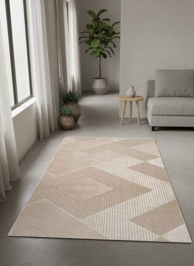 Bej Krem Ton Üstü Ton 3D Geometrik Baklava Chevron Çizgi Minimalist Doğal Salon Halısı