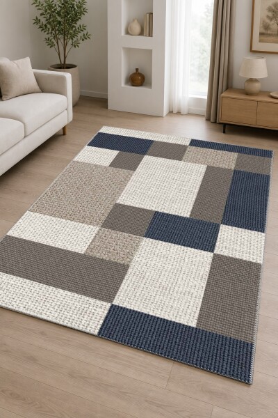 Lacivert Gri Taupe Bej Kare Blok Patchwork Dokulu Grid Modern Minimalist Salon Halısı