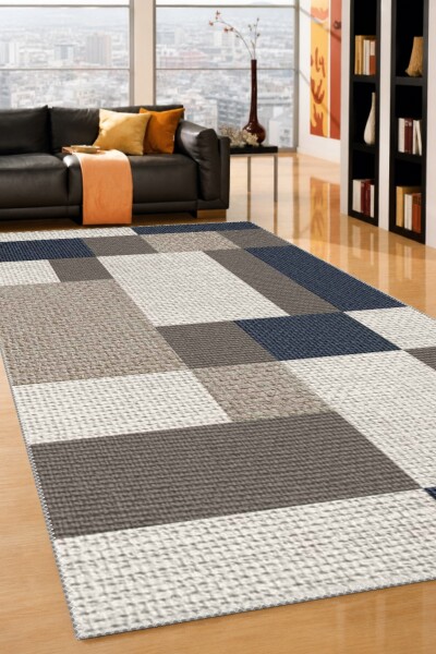 Lacivert Gri Taupe Bej Kare Blok Patchwork Dokulu Grid Modern Minimalist Salon Halısı