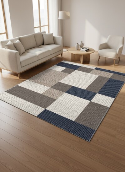 Lacivert Gri Taupe Bej Kare Blok Patchwork Dokulu Grid Modern Minimalist Salon Halısı