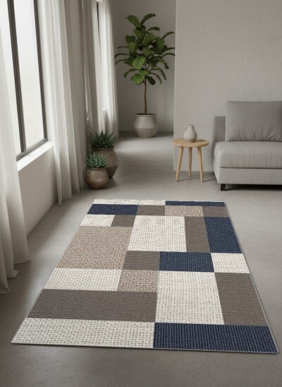 Lacivert Gri Taupe Bej Kare Blok Patchwork Dokulu Grid Modern Minimalist Salon Halısı